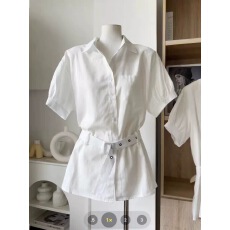 批发甜美风白色翻领泡泡袖衬衫女夏季设计新款简约单排扣百搭上衣