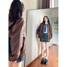 批发美拉德棕色机车PU皮衣外套女秋冬季中性风美式复古<b class='q'>街头</b>宽松夹克潮