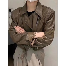 批发咖色麂皮外套女短款2025年<b class='q'>春</b>秋韩系宽松休闲美式复古机车夹克上衣