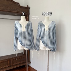 批发韩国雪花麻 蓝色条纹设计感系带长袖女<b class='q'>秋</b>季T恤2025新款宽松上衣