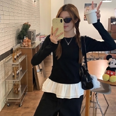 批发实价黑色气质芭蕾风长袖t恤女花苞拼接设计感打底衫上衣