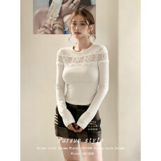 批发人棉260克蕾丝镂空拼接长袖t恤女冬季圆领打底衫性感纯欲上衣