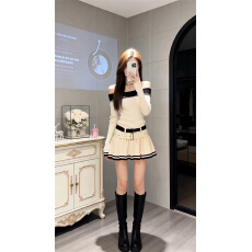 批发2025新款韩系高级感杏色针织内搭一字肩连衣裙子女秋<b class='q'>冬</b>绝美a字裙