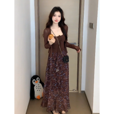 批发夏季一整套小个子法式<b class='q'>复古</b>咖色吊带开衫碎花修身花边半身裙三件套