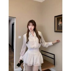 批发法式波点网纱飘带<b class='q'>衬衫</b>连衣裙子女收腰气质仙女<b class='q'>长袖</b>雪纺短裙春夏季