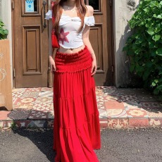 批发一字肩花朵印花短袖T恤上衣显瘦木耳边抽褶<b class='q'>半身</b>裙2026新款套装女