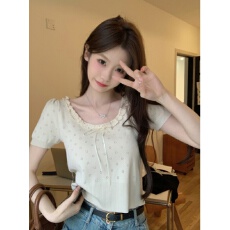 批发高腰<b class='q'>蕾丝</b>短袖镂空蝴蝶结T恤女装春季甜美修身<b class='q'>打底衫</b>内搭短款上衣