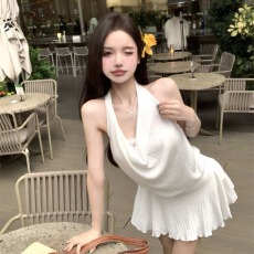 批发雅纱麻花面料 美背荡领挂脖连衣裙女高级感修身白色收腰a字短裙