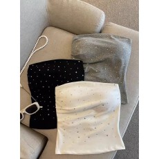 批发带胸垫 法式多巴胺纯欲春装矮个子女装显高性感抹胸烫钻修身减龄