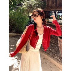 批发木耳边<b class='q'>红色</b>开衫配吊带防晒罩衫女夏季薄款外搭薄纱冰丝小披肩<b class='q'>上衣</b>