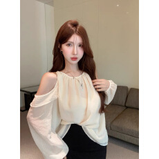 批发法式挂脖露肩挖肩灯笼袖<b class='q'>长袖</b>上衣女秋季设计感小众荷叶边<b class='q'>雪纺</b>衬衫