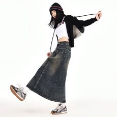 批发水泥灰牛仔半身裙2026夏<b class='q'>秋</b>新款中长高腰显瘦宽松开叉A字包臀长裙