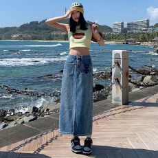 批发撞色复古牛仔裙女中长款2026<b class='q'>春</b>夏新款高腰显瘦A字裙后开叉半身裙