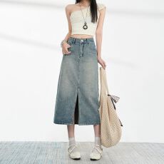 批发【M经典休闲｜大众韩风感｜耐看百搭单品 高腰开叉A字牛仔裙女