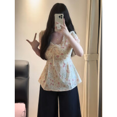 批发大码女装法式纯欲风设计感碎花v领衬衫夏季<b class='q'>胖</b><b class='q'>mm</b>显瘦减龄系带上衣