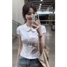 批发短袖<b class='q'>衬衫</b>女夏季甜美白色小衫巨好看法式上衣气质泡泡袖娃娃领<b class='q'>衬衣</b>