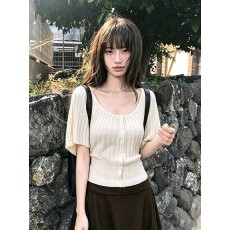 批发6羊毛 韩系风琴褶圆领针织<b class='q'>开衫</b>女气质收腰短袖t恤休闲蝙蝠袖上