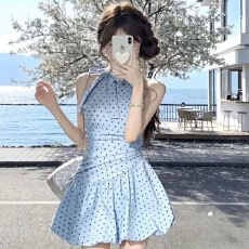 批发原版做法有内里法式蓝色<b class='q'>波点</b>挂脖系带<b class='q'>连衣裙</b>女收腰显瘦气质花苞裙