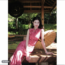 批发凌茜恣禾 玫瑰晚叙'新中式植绒玫瑰旗袍女<b class='q'>春</b>夏弹力针织修身连衣裙
