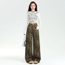 美式高街豹纹阔腿牛仔裤女2026夏季新款高腰宽松显瘦垂感直筒裤子