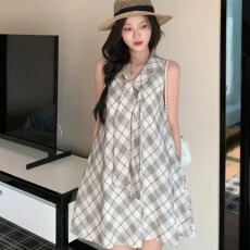批发小众设计感海军领连衣裙a字女夏韩系格纹气质<b class='q'>无袖</b>宽松休闲<b class='q'>背心</b>裙