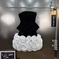 批发重工奢华抹胸收腰花朵高级套装<b class='q'>连衣裙</b>小众设计绝美宴会派对<b class='q'>小礼服</b>