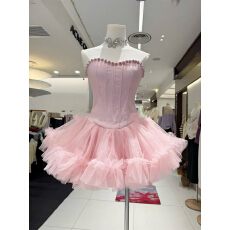 批发仙女钉钻鱼骨束身抹胸蓬蓬连衣裙温柔气质冬季生日宴会系带小礼服