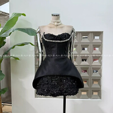 批发越南小众鱼骨水钻拼接连衣裙高级感缎面拼接花朵蕾丝裹胸<b class='q'>礼服</b>裙