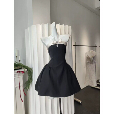 批发<b class='q'>明星</b><b class='q'>同款</b>Ann teano 赫本风黑白撞色钻蝴蝶结挂脖连衣裙小礼裙