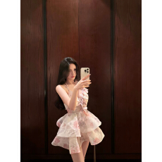 批发For Fay 夏日玫瑰丝麻印花花朵挂脖系带<b class='q'>连衣裙</b>女公主<b class='q'>蓬蓬</b>裙