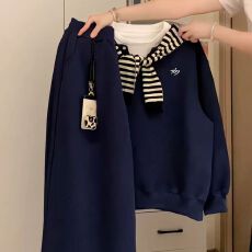 批发学院风蓝色卫衣休闲运动套装女<b class='q'>秋</b>季2025新款小个子减龄穿搭一整套