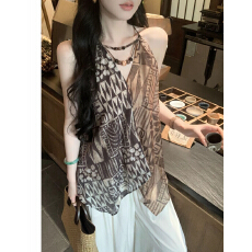 批发【雅乔定制】乌木沉香 天丝亚麻几何印花木珠挂脖上衣