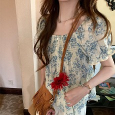 批发夏时花楹MIAOLAB 碎花方领A摆娃娃衫泡泡袖<b class='q'>衬衫</b>上衣女