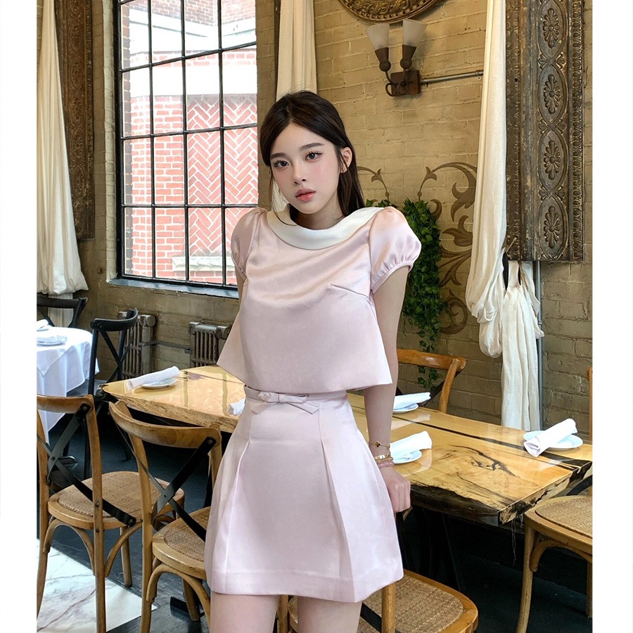 FA34728# 小香风套装女千金感韩系穿搭气质名媛撞色翻领上衣高腰半裙两件套 服裝批發女裝批發服飾貨源