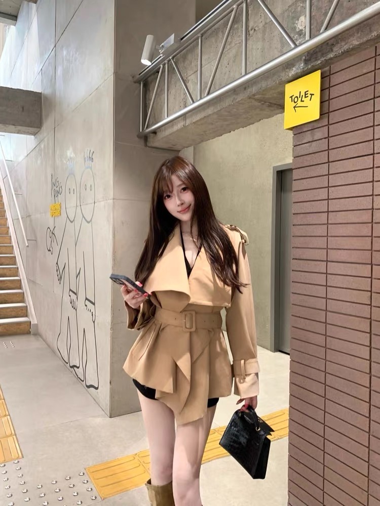 MY14911# 卡其色大翻领气质风衣外套女显瘦收腰高级感小众休闲开衫上衣...