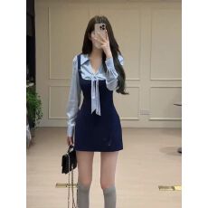 批发假两件长袖连衣裙女秋季学院风收腰显瘦减龄衬衫裙短裙子