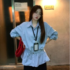 批发韩系通勤条纹长袖<b class='q'>衬衫</b>女秋季新款<b class='q'>显瘦</b>宽松高级感<b class='q'>衬衣</b>收腰