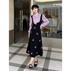 批发长袖紫色<b class='q'>连衣裙</b>假两件套装裙秋冬大码女装法式复古收腰显瘦背带裙