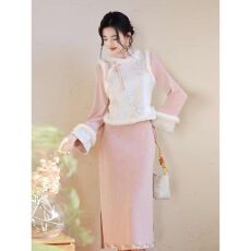 批发新中式复古民国风年轻款高端气质百搭粉色<b class='q'>旗袍</b>马甲两件套装<b class='q'>连衣裙</b>