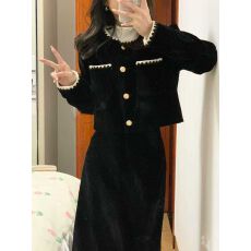 批发法式气质长款收腰显瘦两件套小香风花边秋冬<b class='q'>长袖</b>连衣<b class='q'>裙</b>长<b class='q'>裙</b>