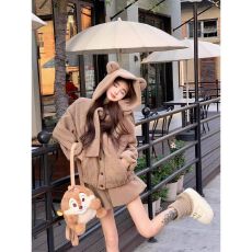 批发羊羔毛连帽加厚小熊外套可爱<b class='q'>套装</b>女秋冬高腰花苞半身裙短裙两件套