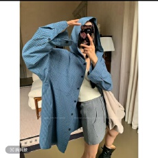 批发JCCC影子格调经纬蓝色经典格纹连帽抽绳廓形衬衫外套