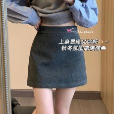 批发后松紧腰+安全裤毛呢包灰色半身裙秋冬高腰百搭显瘦高腰裙子<b class='q'>短</b>裙