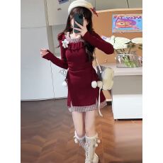 批发2025新款新年战袍格子拼接长袖针织<b class='q'>连衣裙</b>辣妹气质荷叶边短裙