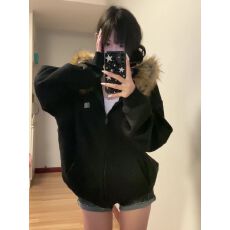 批发美式复古潮牌毛领拉链开衫连帽卫衣女秋冬季情侣高级感休闲外套潮