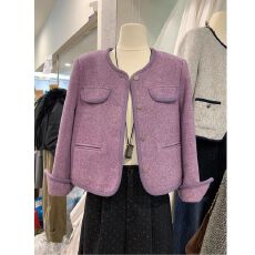 批发紫色小香风<b class='q'>外套</b>女短款2025冬季新款气质名媛小个子毛呢西装上衣潮