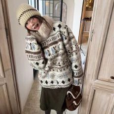 批发慵懒风费尔岛羊羔毛外套女秋冬季减龄毛领长袖毛衣保暖毛绒绒上衣