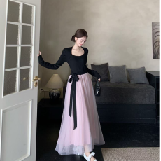 批发法式温柔风连衣<b class='q'>裙</b>撞色拼接生日<b class='q'>裙</b>子女秋冬季气质系带收腰<b class='q'>网纱</b>长<b class='q'>裙</b>