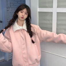 批发仿鹿皮绒复合羊驼绒 粉色皮毛一体加绒加厚短