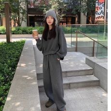 批发春秋季卫衣运动套装女宽松显瘦港风学生洋气减龄跑步服纯色两件套